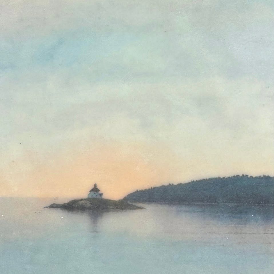 Encaustic painting of a small lighthouse on an island at dusk, by Nancy Adams