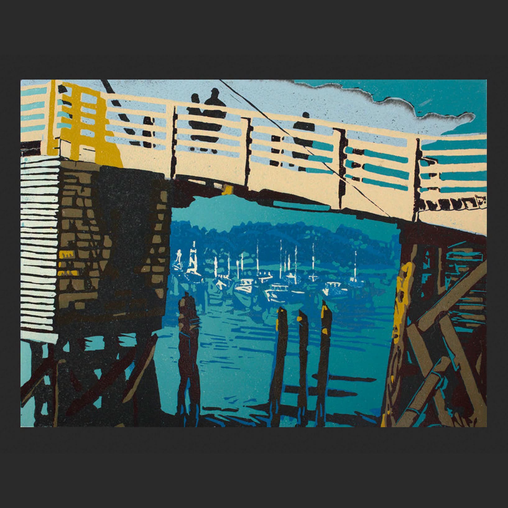 Color block print looking beneath a bridge toward moored sailboats, by Susan Jaworski Stranc